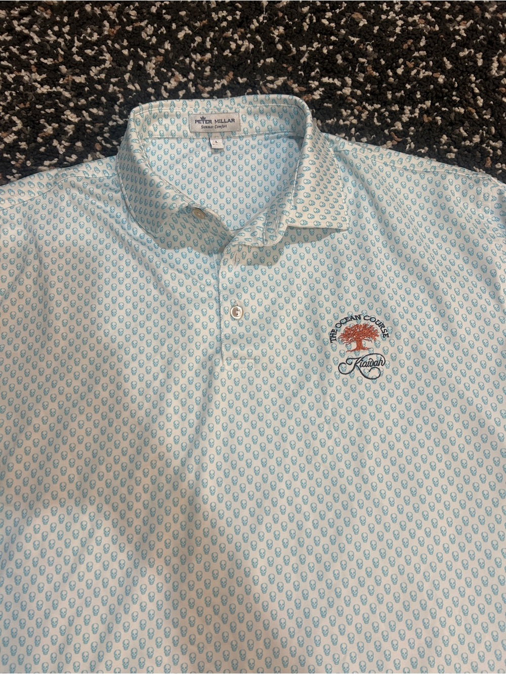 Peter Millar White Polo with Light Blue Pattern and Orange Embroidered Logo